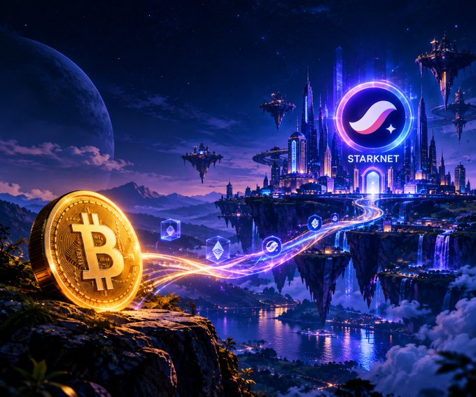 A glowing golden Bitcoin coin rests on a cliff's edge, with ethereal streams of light connecting it to a futuristic floating cityscape displaying the Starknet logo, visually symbolizing the bridge between Bitcoin and the Starknet ecosystem. The cosmic backdrop and flowing energy pathways illustrate how strkBTC integrates BTC into Starknet's expanding DeFi landscape without altering Bitcoin itself.