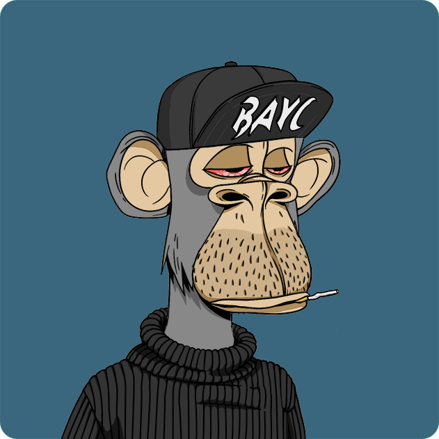 A cartoon monkey wearing a 'BAYC' cap and a black turtleneck sweater, with bloodshot eyes and a cigarette in its mouth.