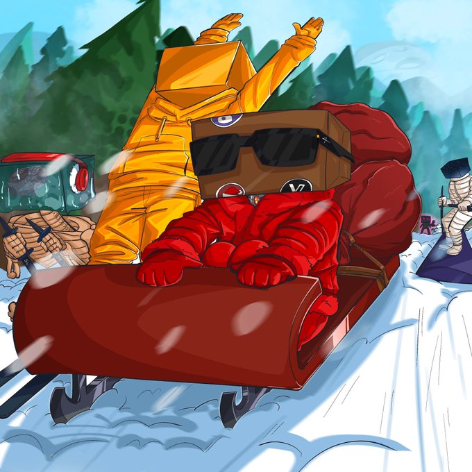 A colorful cartoon illustration depicting characters with box and lobsters for heads riding a red sled down a snowy hill.