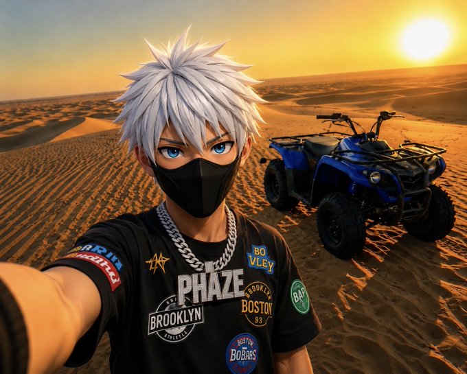An anime-style character with spiky white hair and a black face mask takes a selfie in a desert at sunset, wearing a black shirt featuring "PHAZE," "BROOKLYN," "BOSTON," and "93" patches, with a blue ATV parked behind him. The image fits the optimistic, adventurous tone of the "GM" (good morning) post encouraging engagement with @morfimarkets.