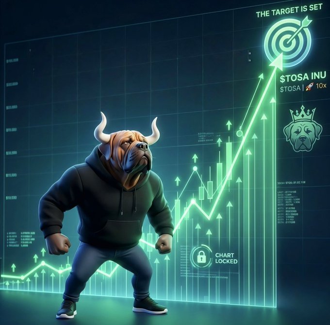 Digital artwork showing a muscular dog-like character with horns in a hoodie standing in front of a glowing green stock chart with text 'THE TARGET IS SET', '$TOSA INU', '$TOSA 10x', and 'CHART LOCKED'.