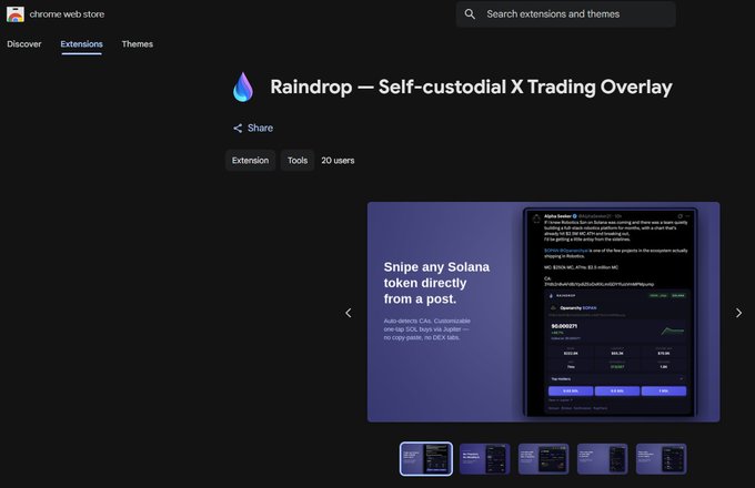 The image shows a screenshot of an online marketplace page with a dark color scheme and text. The main focus of the image is a purple background, which features a graphic or illustration related to the Raindrop project. A caption below the image mentions that this particular project was created in 2004 and has gained over $1m in worth. This information suggests that it could be a popular or well-liked project among users. The text on the page reads "Raindrop - Self-custodial X Trading overlay", which highlights the primary theme of the marketplace, and it also mentions the presence of a screenshot showing how to use Raindrop in various colors like purple and white.
