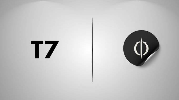 A minimalist graphic displaying 'T7' next to a black circular logo with a stylized symbol, separated by a vertical line.