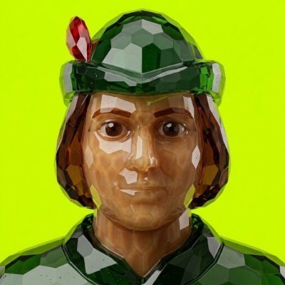 A low-poly portrait of a person wearing a green helmet and armor against a bright green background. The image accompanies a 5 GTD giveaway for @CrystalRHood on Robinhood, featuring a supply of 555 and a September 7 mint.