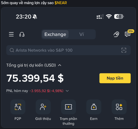 A Binance mobile app interface in Vietnamese showing an exchange wallet with a total estimated value of $75,399.54 USD, with a PNL today loss of -$3,955.92 (-4.98%), and a banner about 'NEAR' at the top.