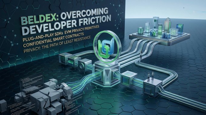 A promotional graphic for 'BELDEX: OVERCOMING DEVELOPER FRICTION' highlighting plug-and-play SDKs, EVM privacy primitives, and confidential smart contracts with a futuristic cityscape.
