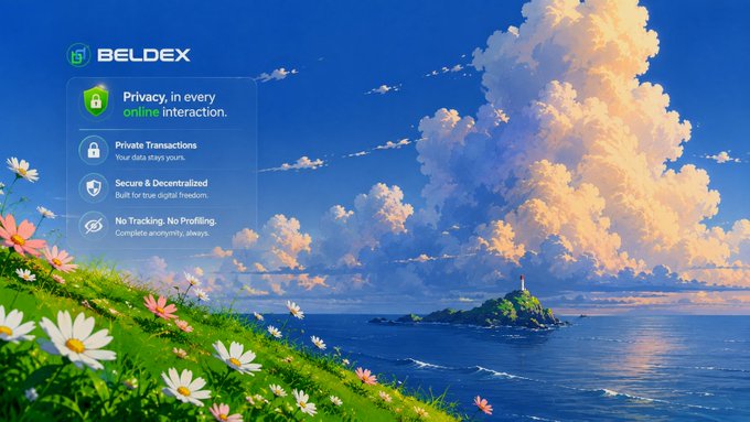 Promotional graphic for BELDEX cryptocurrency, highlighting features like 'Privacy, in every online interaction,' 'Private Transactions,' 'Secure & Decentralized,' and 'No Tracking. No Profiling,' set against a scenic anime-style illustration of a lighthouse on an island.