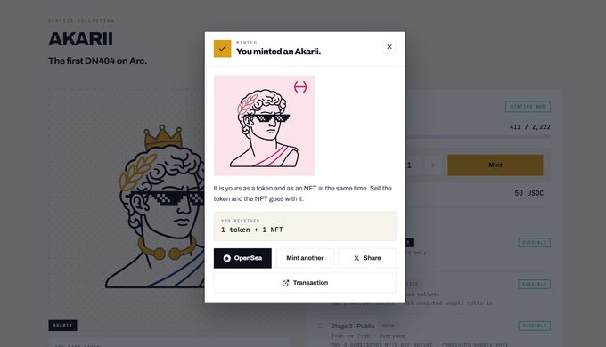 A screenshot of a successful NFT minting confirmation from the Akarii Genesis Collection on Arc blockchain, displaying a classical-style illustrated character NFT with the message "You minted an Akarii" and a confirmation of 1 token + 1 NFT received.