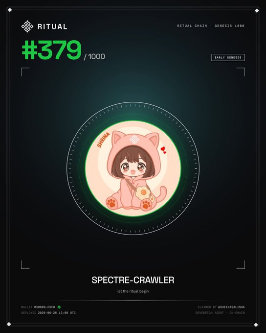 An NFT display titled 'RITUAL - RITUAL CHAIN - GENESIS 1000' showing '#379/1000' featuring a chibi character called 'SPECTRE-CRAWLER' in a pink cat hoodie, claimed by @DALINALLUNA.