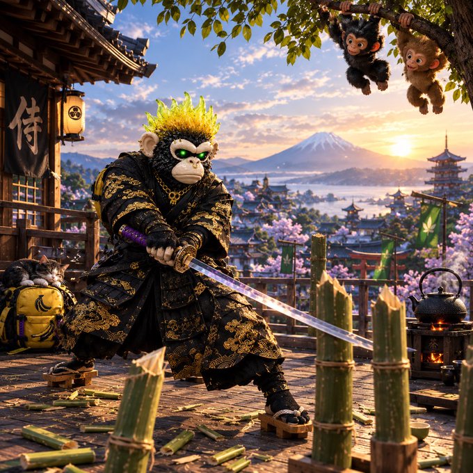 A digital artwork depicting a samurai monkey in ornate black and gold armor and a spiky yellow mane, wielding a glowing sword, accompanied by a small cat in a backpack and two other monkeys hanging from a tree branch, with Mount Fuji in the background.