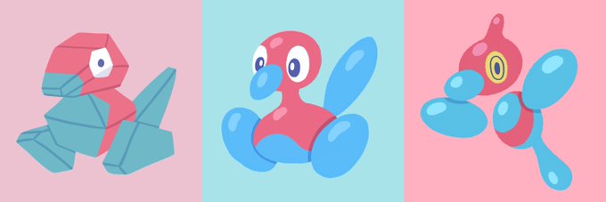 The image shows three artistic interpretations of the Pokémon Porygon, each rendered in a different style: a geometric/low-poly version on the left, a classic 2D illustration in the center, and a more abstract/curvy design on the right, all displayed against pink and blue backgrounds. The "Polygon Z's Day" caption playfully references how Porygon is known for its polygonal, digital design, fitting the artistic theme of depicting the Pokémon in various styles.