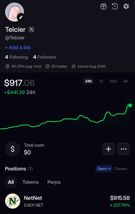 A mobile app screenshot displays a profile for 'Telcier' showing a portfolio value of $917.06, up $441.39 over 24 hours, with one open position in 'NetNet' worth $915.58.