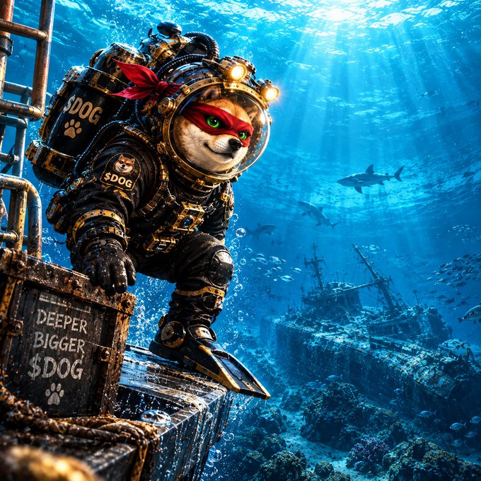 An underwater scene featuring a Shiba Inu dog dressed as a diver with "$DOG" on the equipment, holding a sign reading "DEEPER BIGGER $DOG" near a sunken ship.
