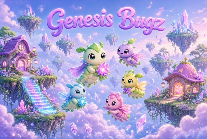 A whimsical fantasy scene titled "Genesis Bugz" features colorful, cute insect-like creatures with pastel wings and gem accents floating among magical floating islands, crystal clouds, and fairy-tale cottages in a dreamy lavender sky.

The image ties to the post by visualizing NFTs as collectible "Bugz" characters, while the accompanying comment about portable, history-preserving NFTs highlights how cross-chain technology could let these digital creatures retain their origin and provenance as they move between ecosystems.