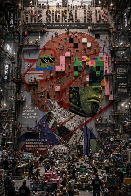 A chaotic industrial warehouse scene featuring a massive wall mural of a face wearing pixelated sunglasses and colorful blocks, with the text 'REORDER THE SIGNAL', 'R3ORDR', and 'LIQUIDITY IS A LANGUAGE, WHALES ARE THE GRAMMAR.' People are working on scaffolding and a bustling floor below.