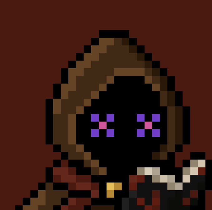 Pixel art of a hooded figure with a black void face featuring purple and pink pixelated eyes, set against a dark red background.