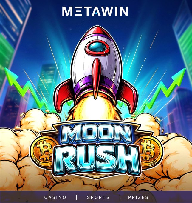 A vibrant promotional image for the "Moon Rush" crypto game by Pragmatic Play, now live on metawin.com, featuring a rocket blasting off through clouds with Bitcoin coins and green candlestick charts symbolizing crypto gains. The text "METAWIN" appears at the top, with "MOON RUSH" prominently displayed alongside Bitcoin logos, while "CASINO | SPORTS | PRIZES" is shown at the bottom.