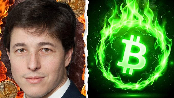 A split image showing a portrait of Sam Bankman-Fried on the left against a fiery background with gold coins, and a glowing green Bitcoin logo on the right.