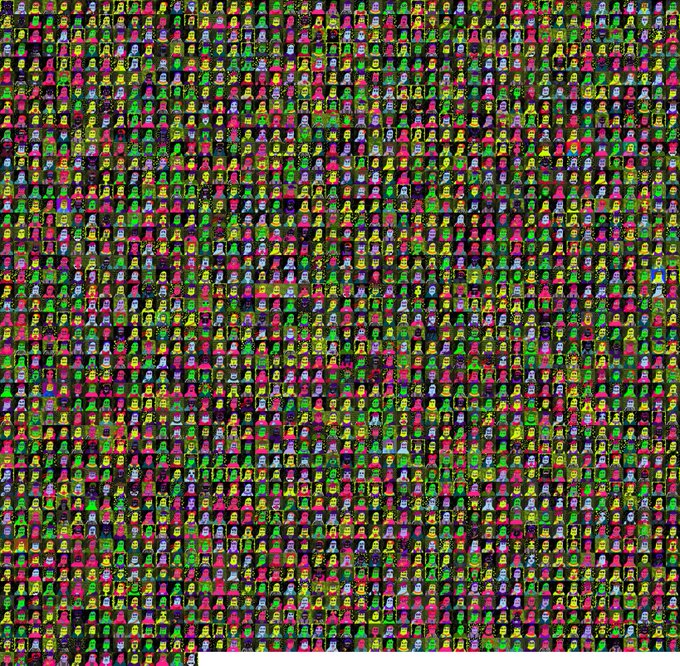 A densely packed grid of colorful, pixelated character sprites against a dark background.