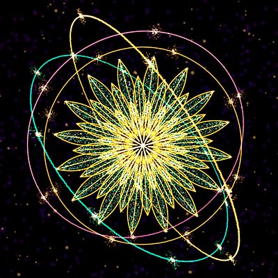 A geometric digital artwork featuring a yellow flower/star pattern at the center surrounded by colorful elliptical orbits (pink, yellow, green) on a dark purple starry background.