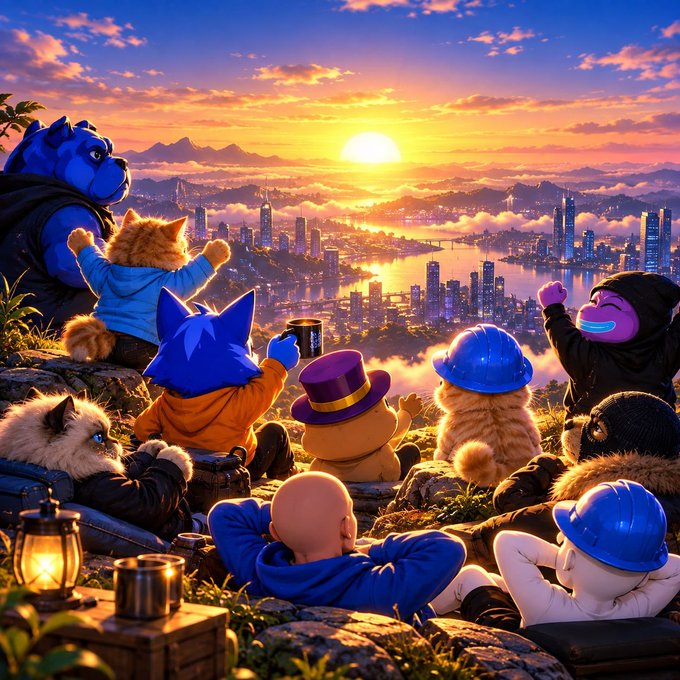 A digital artwork showing various chibi-style characters wearing construction hats sitting on a grassy hill, watching a vibrant sunset over a futuristic coastal city skyline.