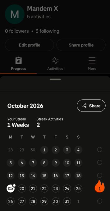 A screenshot of a fitness app called 'Mandem X' displays a profile with 0 followers, 5 activities, and a calendar for October 2026 showing a 1-week streak and 2 streak activities.