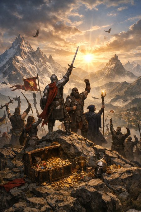 Knights and warriors celebrate on a rocky summit at sunrise with a treasure chest overflowing with gold, symbolizing victory and rewards. This image perfectly captures the celebratory sentiment of conquering summits and earning rewards, as described in the accompanying post.