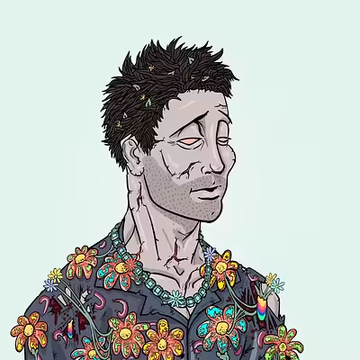 A stylized illustration of a man with messy dark hair, closed eyes, and a peaceful expression, wearing a dark floral-patterned shirt against a light teal background.