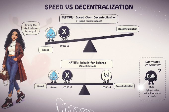 An illustration titled 'SPEED VS DECENTRALIZATION' features a woman on the left and a seesaw comparison showing 'BEFORE: Speed Over Decentralization' with Sui and dYdX v3, and 'AFTER: Rebuilt for Balance' adding Serum and dYdX v4, with a note about 'Bulk' being 'NOT TESTED AT SCALE YET'.