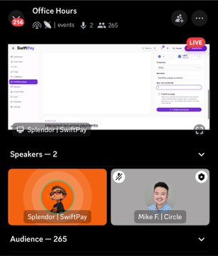 A Discord server interface titled 'Office Hours' shows a live event with 265 attendees, featuring speakers 'Splendor | SwiftPay' and 'Mike F. | Circle' along with a screen-share demonstration of SwiftPay.