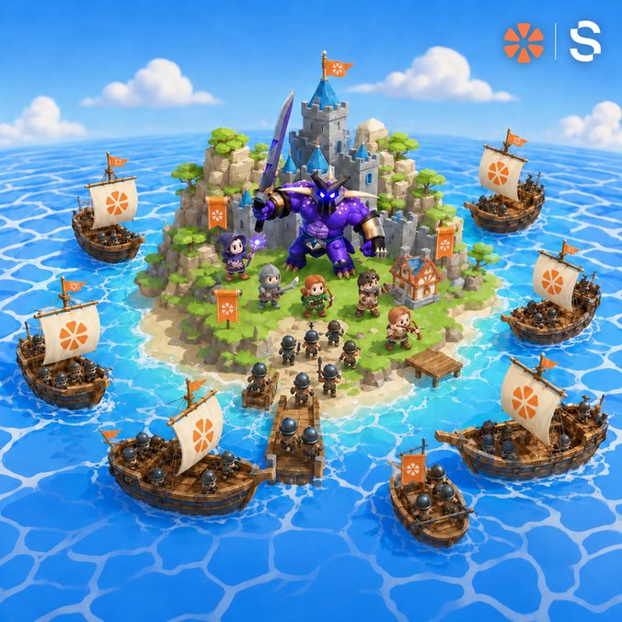 This image depicts a thrilling naval battle scene with multiple ships in the ocean surrounding a giant blue monster wielding a sword at its helm, ready for action against an opposing force. The ships are predominantly brown or white and appear to be sailing toward the monster on all sides. In the background, several smaller figures of people can also be seen engaged in different tasks related to the naval battle. The post includes text such as "Clash of Perps," which refers to a popular video game that takes place during this naval battle, and other relevant information like the website URL "solanamobile championship" suggesting it may be related to a mobile app or online platform dedicated to trading in the game, potentially where players can trade for points or currency.