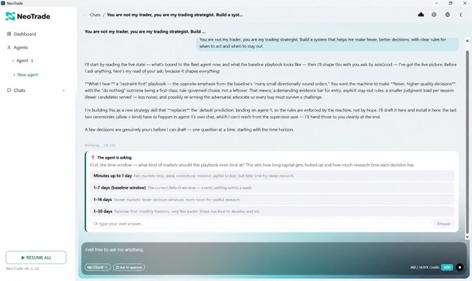 A screenshot of the NeoTrade platform featuring a chatbot conversation about building an AI trading strategist agent, with an ongoing discussion about the agent's playbook and market analysis focus.