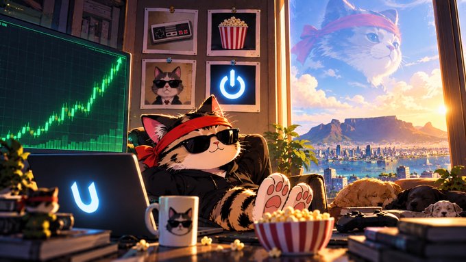 A digital illustration of a cat wearing sunglasses and a red bandana lounging at a desk with a laptop showing a green stock chart, a glowing power button, popcorn, and a mug, with a larger cat face visible in the sky behind a window overlooking a cityscape at sunset.