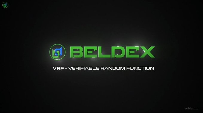 The BELDEX logo in green with the text 'VRF - VERIFIABLE RANDOM FUNCTION' displayed beneath it on a black background, with beldex.io watermark.