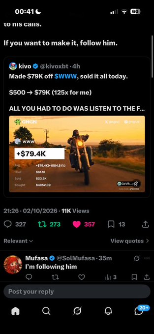 A screenshot of a social media post by user @kivoxbt showing a +$79.4K profit on a motorcycle investment, with engagement metrics showing 327 replies, 273 reposts, and 357 likes.