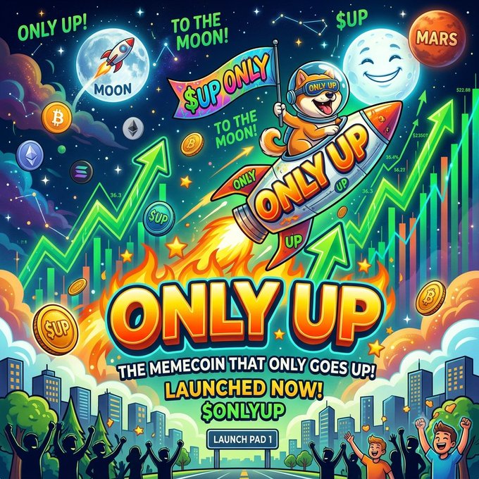 A vibrant promotional graphic for the '$ONLYUP' memecoin, featuring a Shiba Inu dog in a rocket helmet, with the tagline 'THE MEMECOIN THAT ONLY GOES UP! LAUNCHED NOW!'.