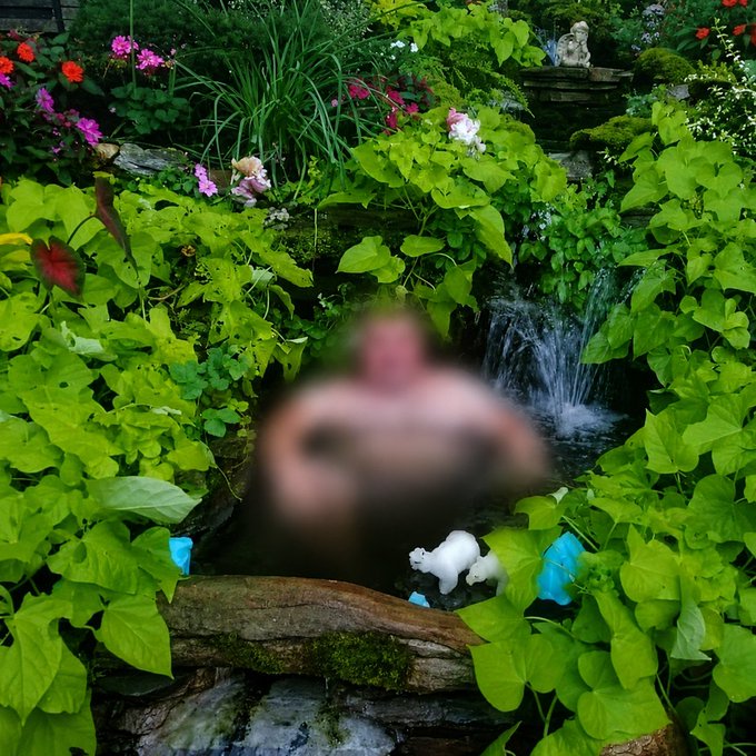 A lush garden scene with green foliage, colorful flowers, and a small waterfall surrounds a blurred object in the center, with small figurines scattered throughout the landscape.