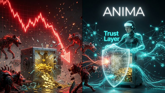 Split illustration showing 'ANIMA' branding: left side depicts mechanical wolves attacking a gold-filled safe with a downward red chart arrow, while the right side shows a futuristic figure with a 'Trust Layer' shield protecting against the threats.