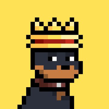 A pixel art character with dark skin wearing a crown and dark clothing against a yellow background.