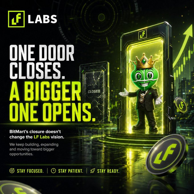 An LF Labs promotional graphic stating 'ONE DOOR CLOSES. A BIGGER ONE OPENS,' featuring a green mascot in a suit stepping through a glowing yellow portal, addressing BitMart's closure.