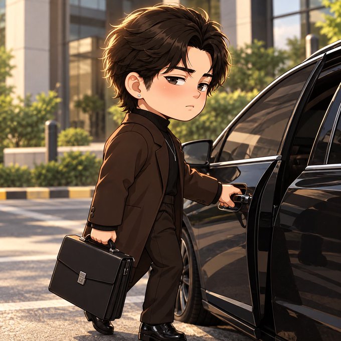 A chibi-style illustration of a young man in a brown suit carrying a black briefcase while opening the door of a black car in an urban setting.