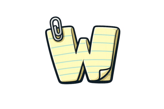 A stylized letter 'W' designed to look like a yellow lined paper note with a paper clip attached at the top.