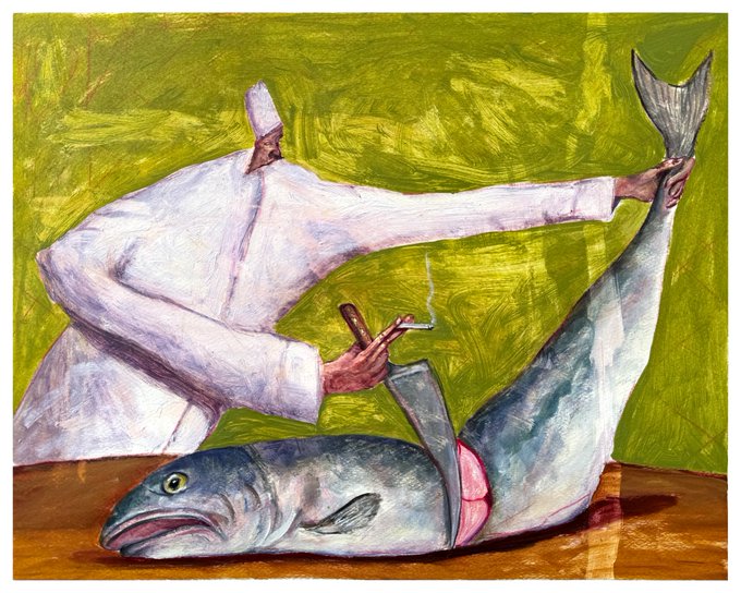 Expressionist oil painting depicting a figure in white clothing with a paper bag over their head, holding a cigarette and a knife while interacting with a fish on a green background.