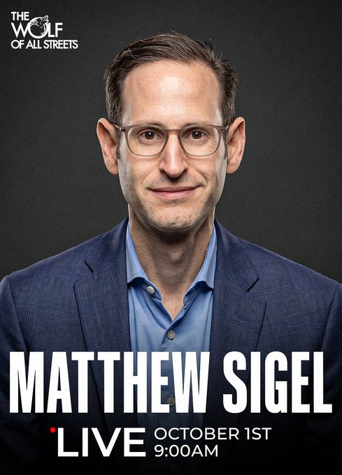 Promotional graphic featuring Matthew Sigel in a navy blazer and glasses, with text announcing his live appearance on "The Wolf of All Streets" on October 1st at 9:00 AM to discuss Citi raising its Bitcoin price target to $113K.