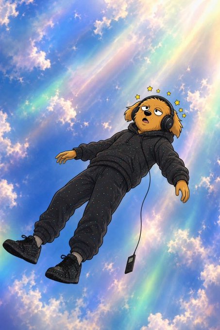 A whimsical illustration shows a dog-like character wearing headphones, a black hoodie, and glittery shoes, floating dreamily in a cloudy sky surrounded by a rainbow and stars.