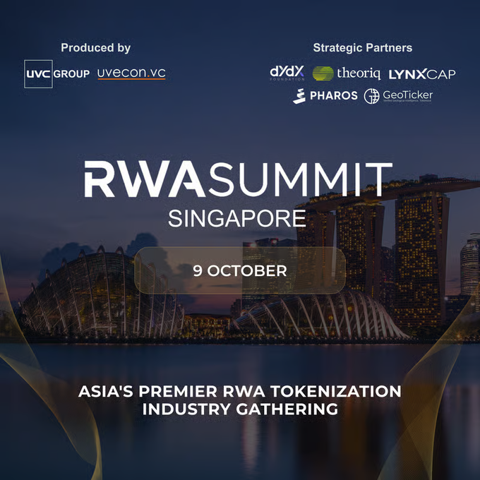 Promotional graphic for the 'RWA SUMMIT SINGAPORE' taking place on 9 October, billed as 'ASIA'S PREMIER RWA TOKENIZATION INDUSTRY GATHERING', produced by UVC Group (uvecon.vc) with strategic partners including dYdX Foundation, theoriq, LYNX CAP, Pharos, and GeoTicker.