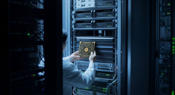 A technician in a server room installs a hard drive into a rack, representing cryptocurrency mining or data center infrastructure.