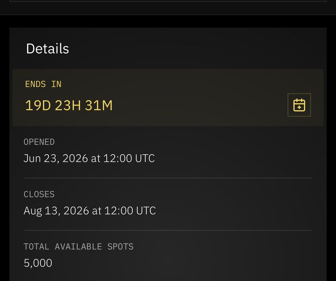 A details panel shows an event ending in 19D 23H 31M, opened Jun 23, 2026 at 12:00 UTC, closing Aug 13, 2026 at 12:00 UTC, with 5,000 total available spots.