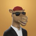 A small portrait of an anthropomorphic camel wearing a black suit, sunglasses, and a red cap with a logo, on a tan background.