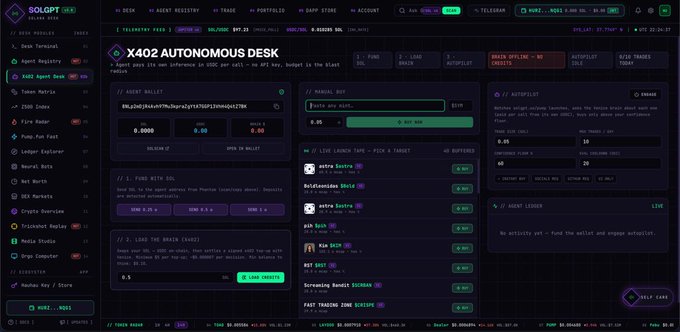 A screenshot of the 'X402 AUTONOMOUS DESK' trading interface on SolGPT DEX, displaying sections for Wallet, Funds with SOL/USDC pairs, Autopilot settings, Live Launch Tabs with tokens like 'astro', 'Relationship Coin', 'ash Coin', and Fast Trading Zone information.